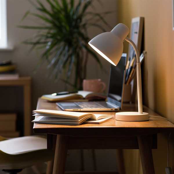 White desk lamp with flexible neck.